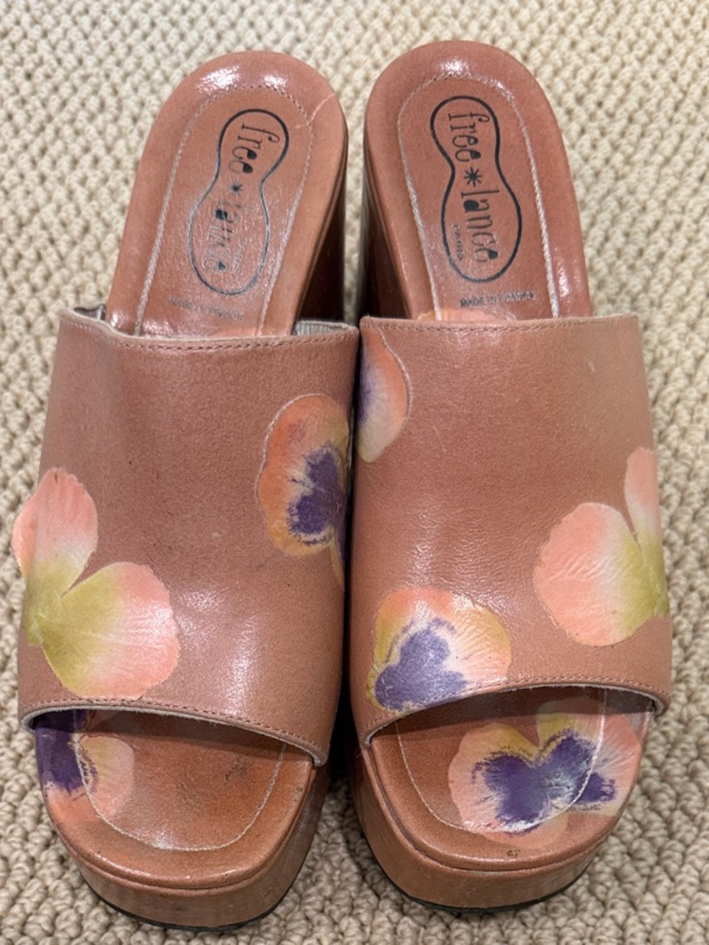 Free Lance Paris Pink Leather Slide Mules with Multicolor Flower Petals